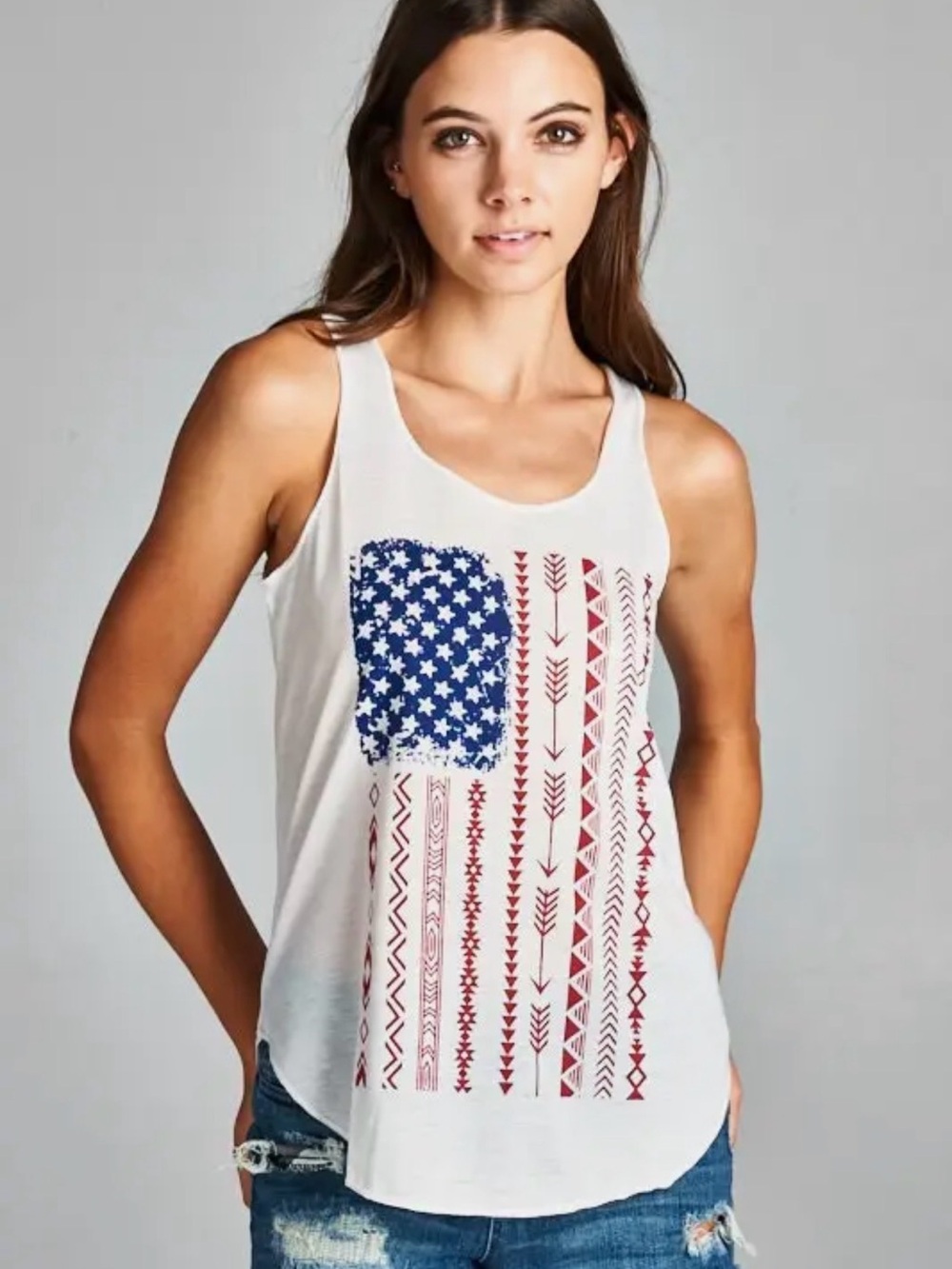 White Patriotic Graphic Tank Top with Blue & Red Flag Print